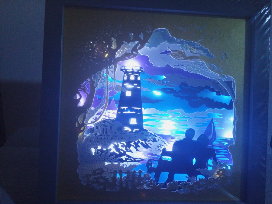 Nightlights, Handmade Light Box, Coastal view with Lighthouse, Wall Hanging