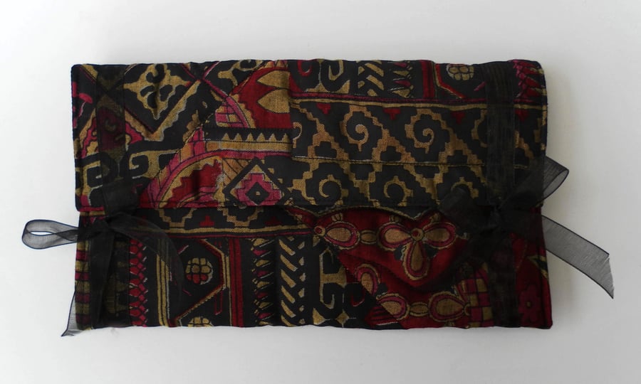 Quilted, Envelope Make Up Bag, Gold, Red, Black Abstract  Pattern, Satin