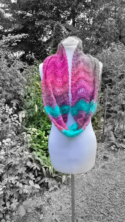 40.SUMMER SECONDS. Handknitted Infinity Striped Scarf In Pinks and Green.