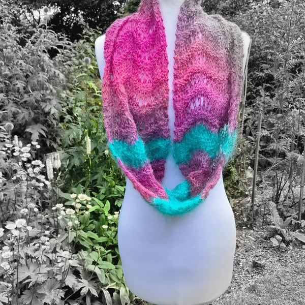 40.SUMMER SECONDS. Handknitted Infinity Striped Scarf In Pinks and Green.