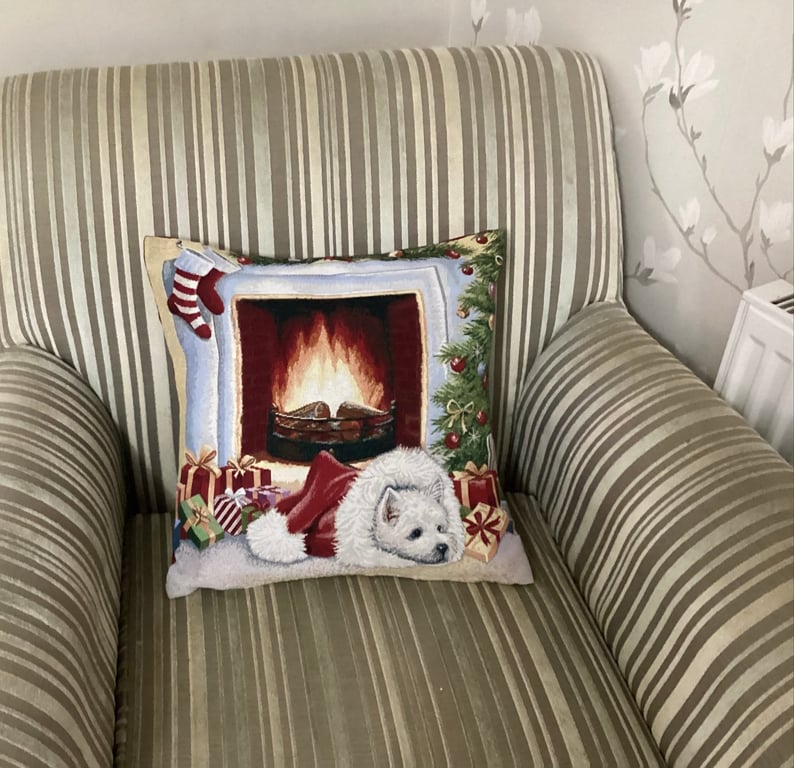 Christmas cushion cover, festive dog , tapestry.