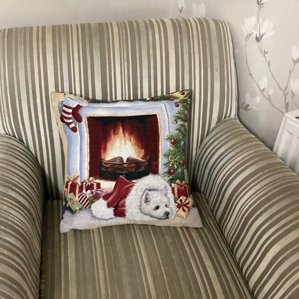 Christmas cushion cover, festive dog , tapestry.