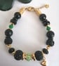 Gold, green & black beaded bracelet, heart charm,  - Image 2