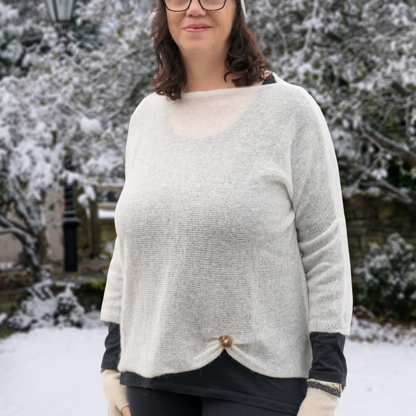 Winter White kidmohair top. Women's Fluffy Sweater. Lightweight jumper.