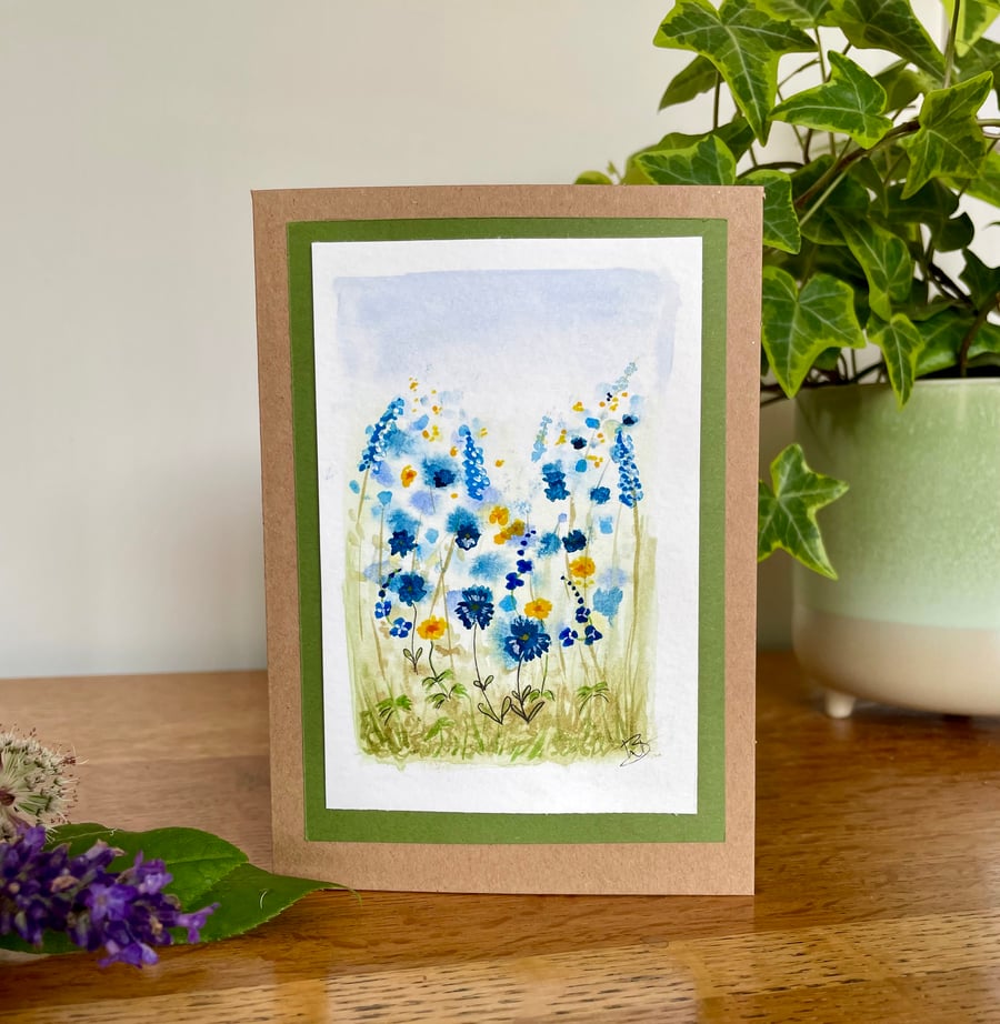 Cards, Greeting card, blue floral, blank, hand painted original artwork.