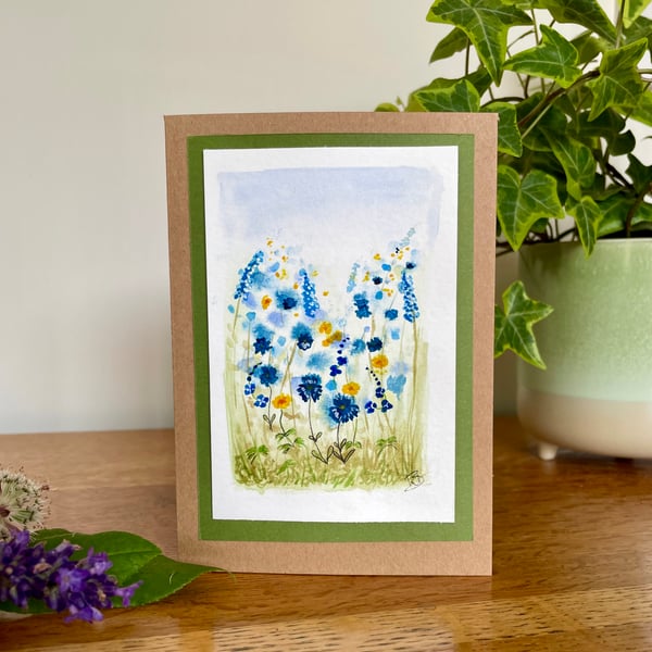 Cards, Greeting card, blue floral, blank, hand painted original artwork.