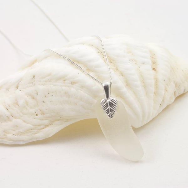 Sea Glass Curved Silver Pendant - White