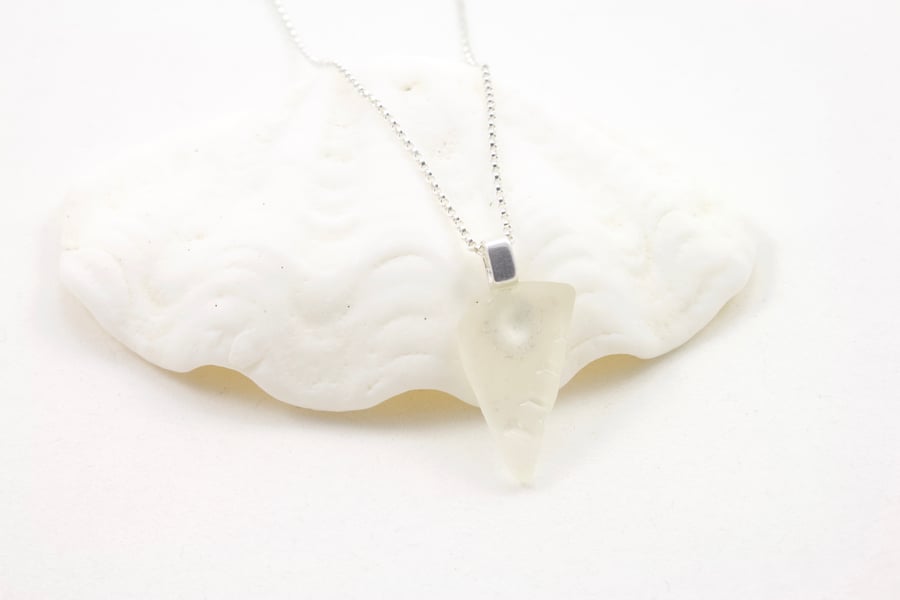 Sea Glass Angel Wing Silver Pendant - White