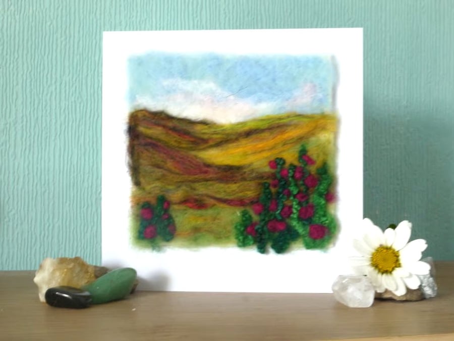 Handmade needle felted Rustic Roses greetings card