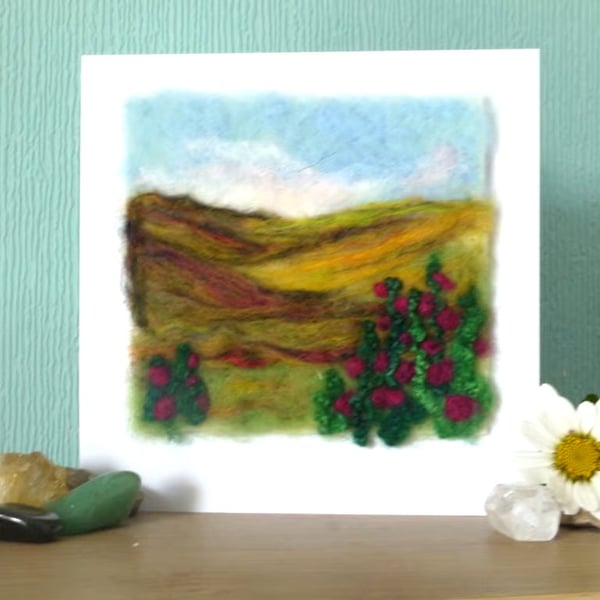 Handmade needle felted Rustic Roses greetings card