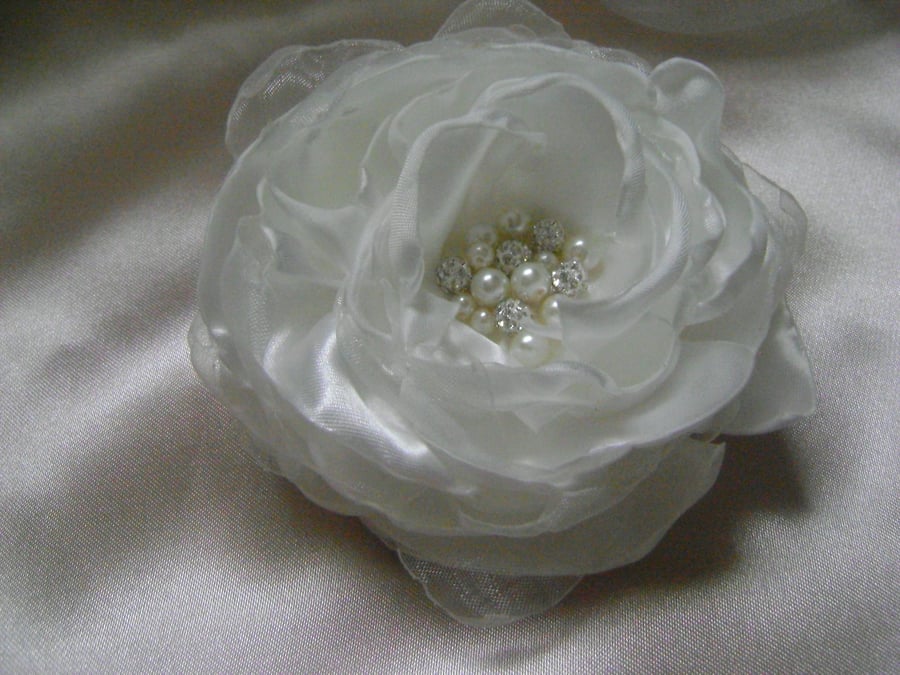 White Silky Jewelled Bridal Hair Flower