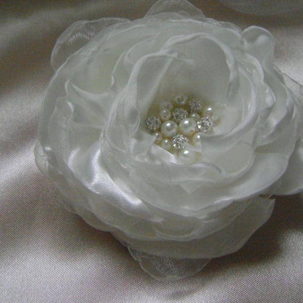 White Silky Jewelled Bridal Hair Flower