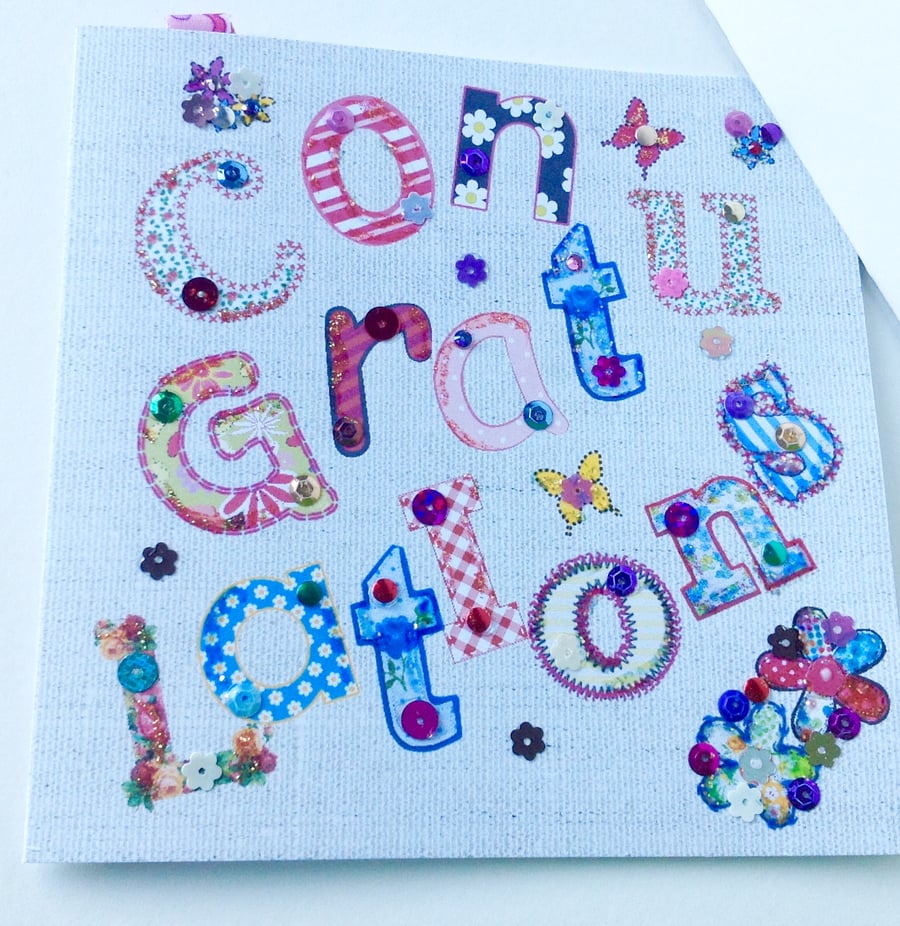 Congratulations Greeting Card,Printed Appliqué Design,Handmade,Handfinished 