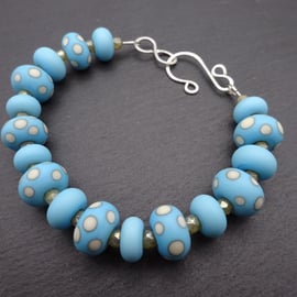 lampwork glass bracelet, blue polka dot