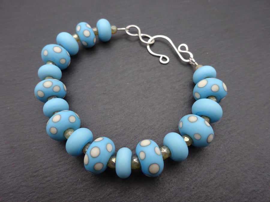 lampwork glass bracelet, blue polka dot