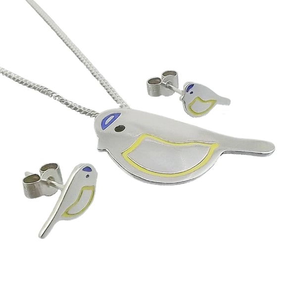 Blue tit jewellery set - large pendant and stud earrings (sterling silver)