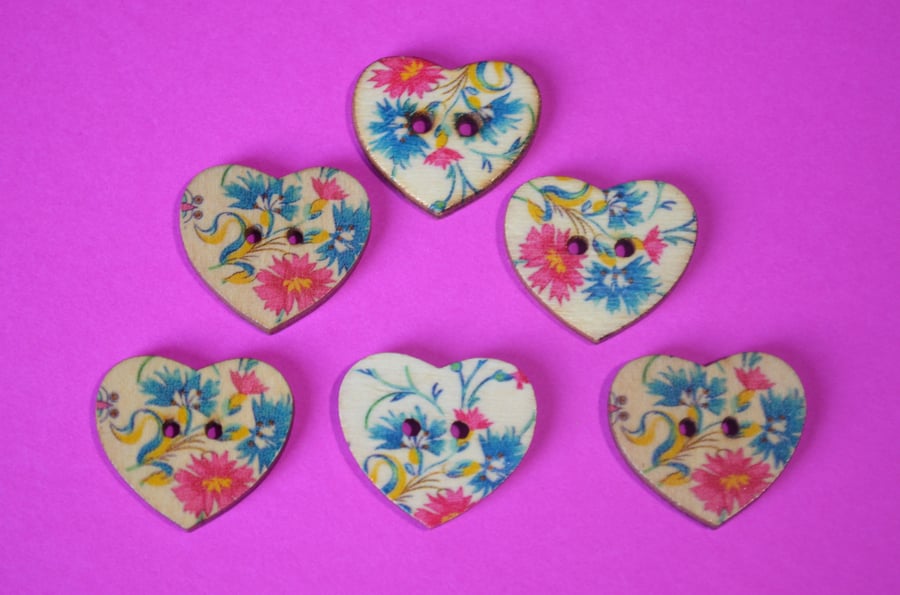 Wooden Heart Buttons Floral Pink Turquoise Yellow 6pk 25x22mm (H24)