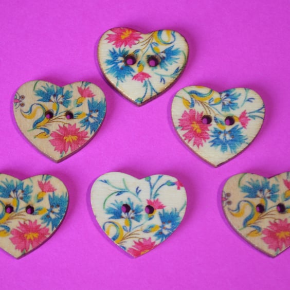Wooden Heart Buttons Floral Pink Turquoise Yellow 6pk 25x22mm (H24)