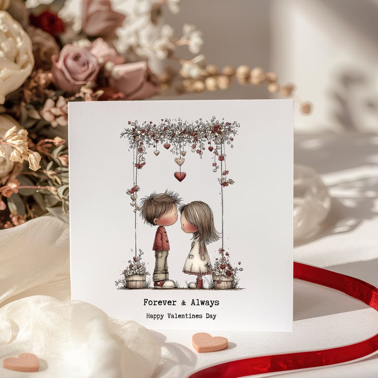 Valentines Card - Cute girl & boy "Forever & Always"