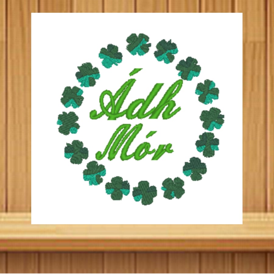 Handmade Adh Mor Gaelic shamrock greetings card embroidered design