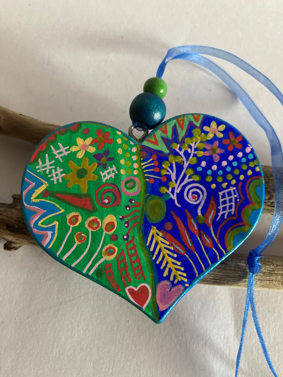 Quirky hand painted wooden heart