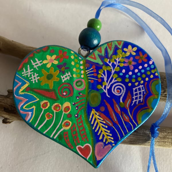 Quirky hand painted wooden heart