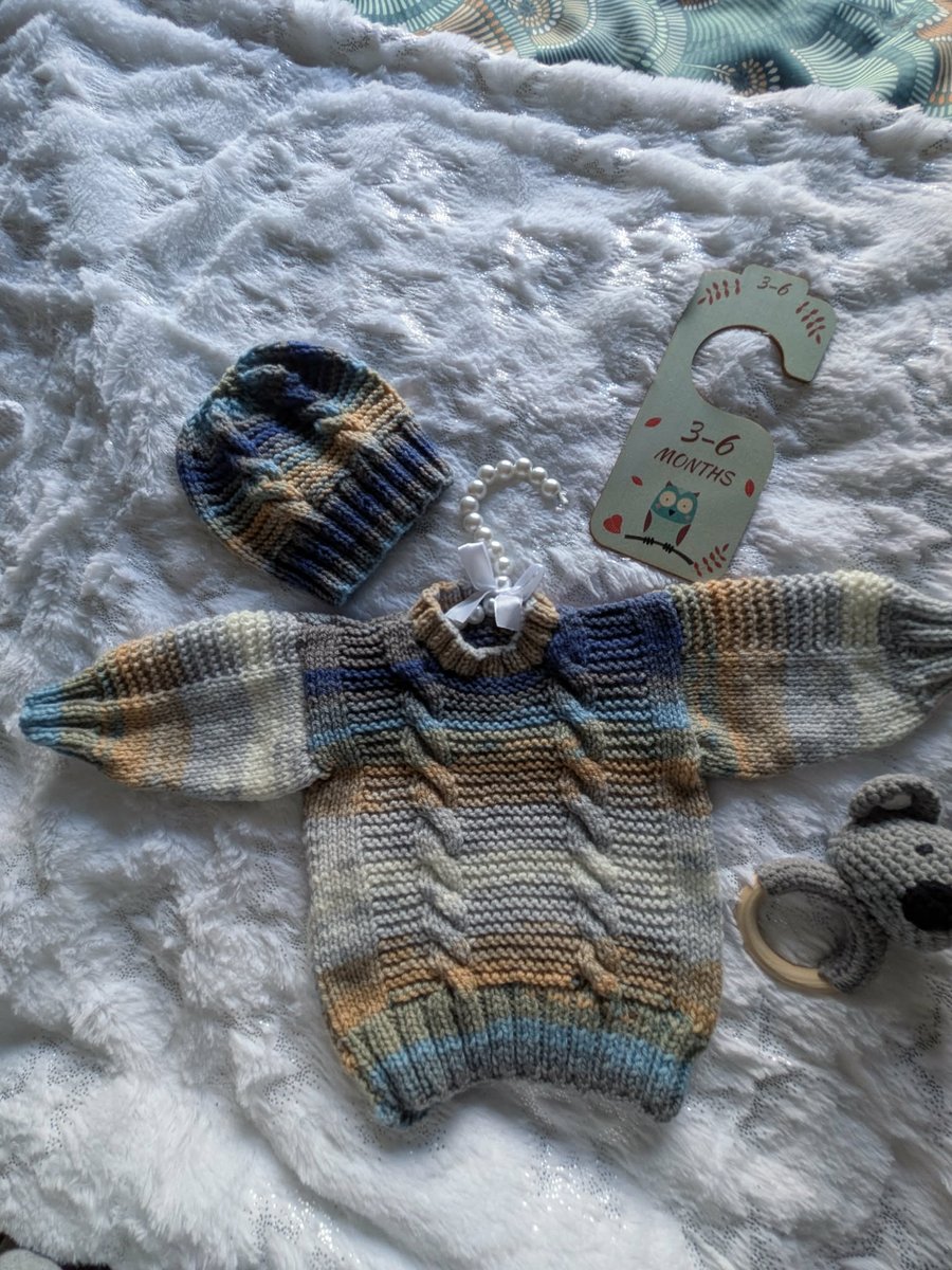 Hand Knitted multi coloured Baby Jumper & hat in a Cable Design age 3-6 mths