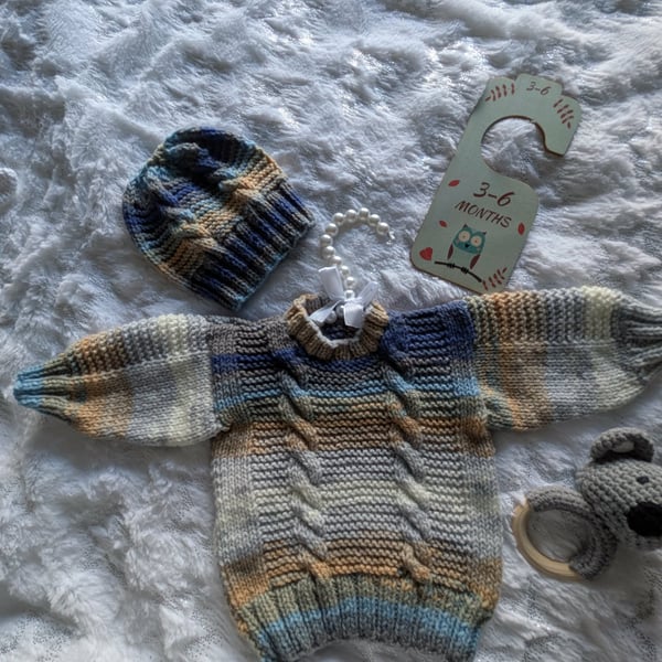 Hand Knitted multi coloured Baby Jumper & hat in a Cable Design age 3-6 mths