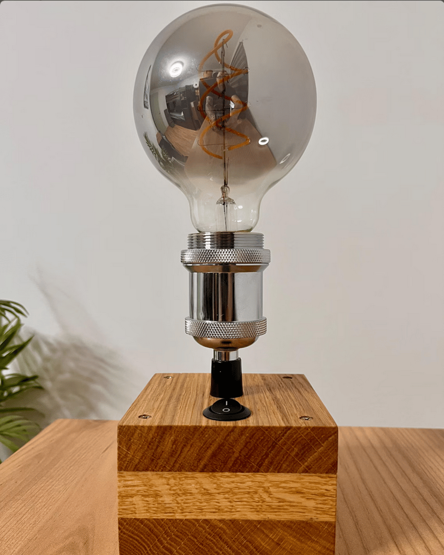 Handmade Oak Desk Lamp with Smoky Gray Warm Spiral Filament Bulb