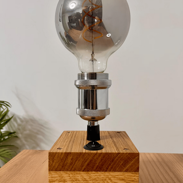 Handmade Oak Desk Lamp with Smoky Gray Warm Spiral Filament Bulb
