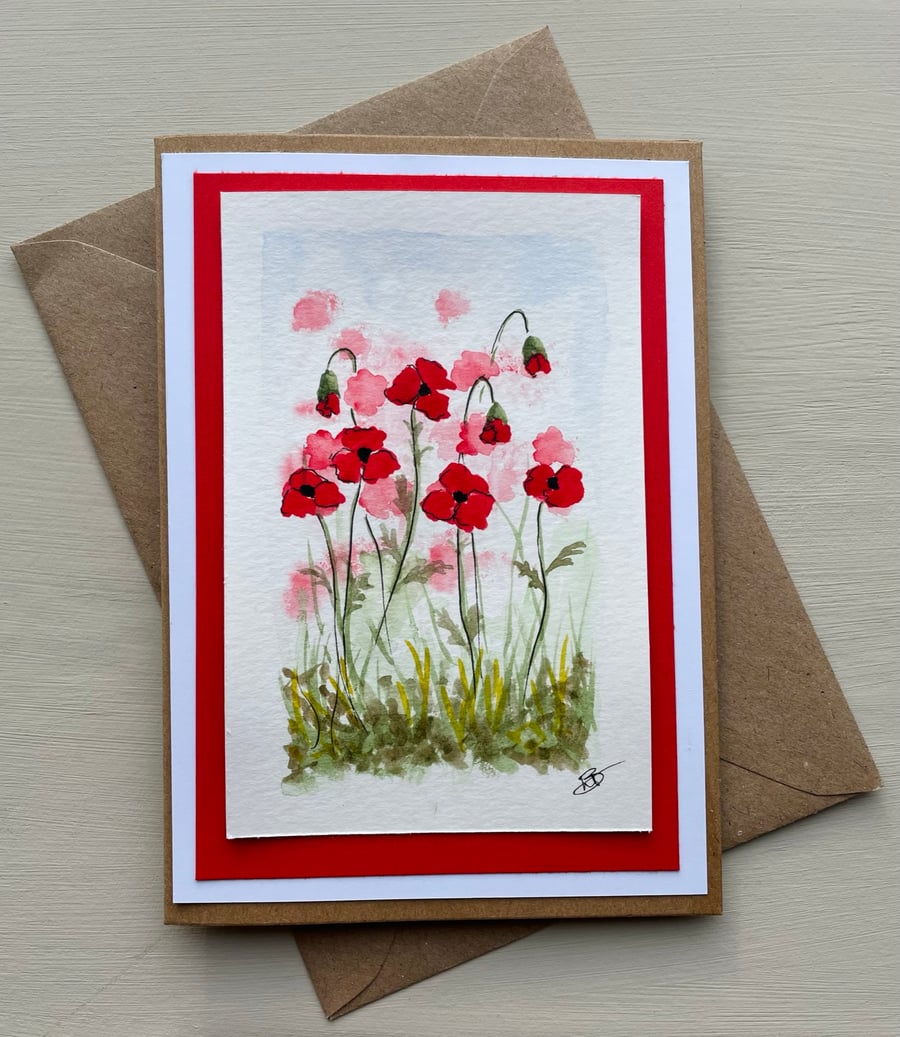 Cards, Greeting card, blank Poppy flowers hand painted original artwork.