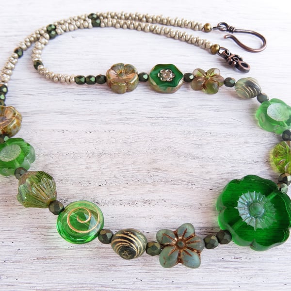 Green Czech Glass Necklace, Floral Necklace, Boho Necklace.