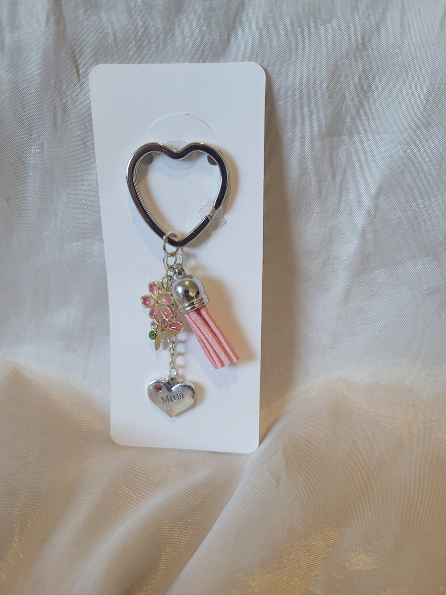 Mothers Day Heart Keyring - Pink Flowers