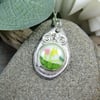 Floral Glass Necklace, Sterling Silver Pendant
