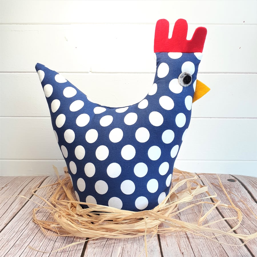Chicken Doorstop Chicken Navy Blue with White Polka Dots