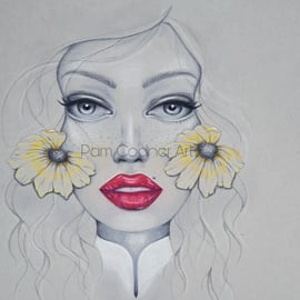 Sunflower, Pencil Portrait, Toned Grey Paper Portrait, A4