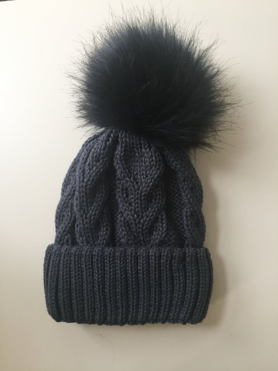 READY TO SHIP knitted navy cabled faux fur pompom hat beanie winter warm