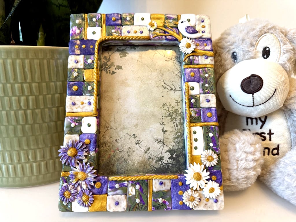 Handmade Floral Picture Frame-Purple,Gold & White Bird Decor