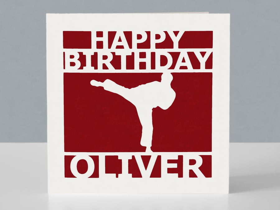Personalised birthday card for a karate fan - Papercut design