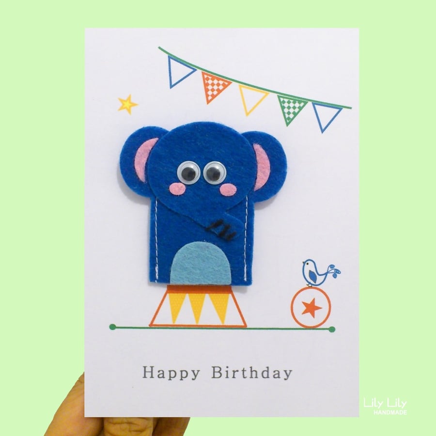 Finger puppet birthday card, circus animals, elephant