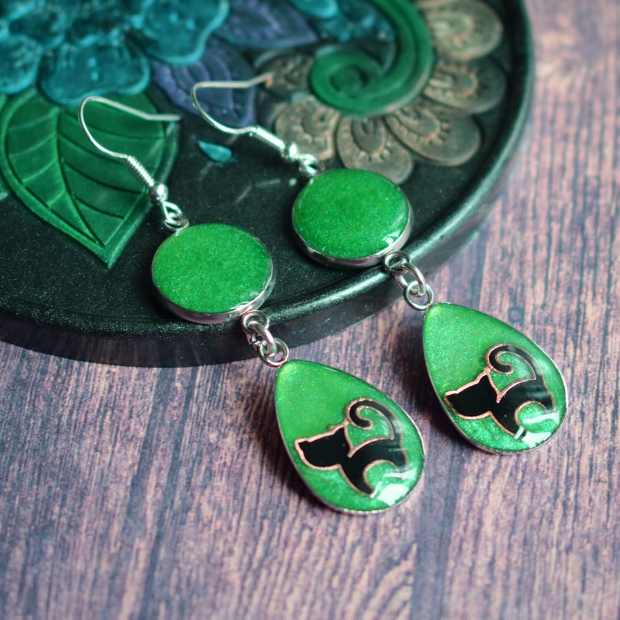 Green Teardrop Earrings with Black Cats, Gifts for Cat Lovers