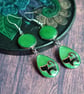 Green Teardrop Earrings with Black Cats, Gifts for Cat Lovers