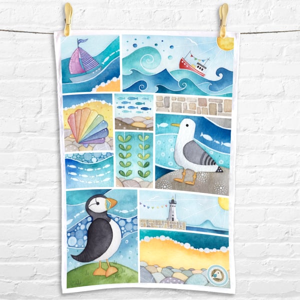 Seaside Tea Towel - Coastal Nautical Kitchen Gifts - Puffin, Seagull, Boat