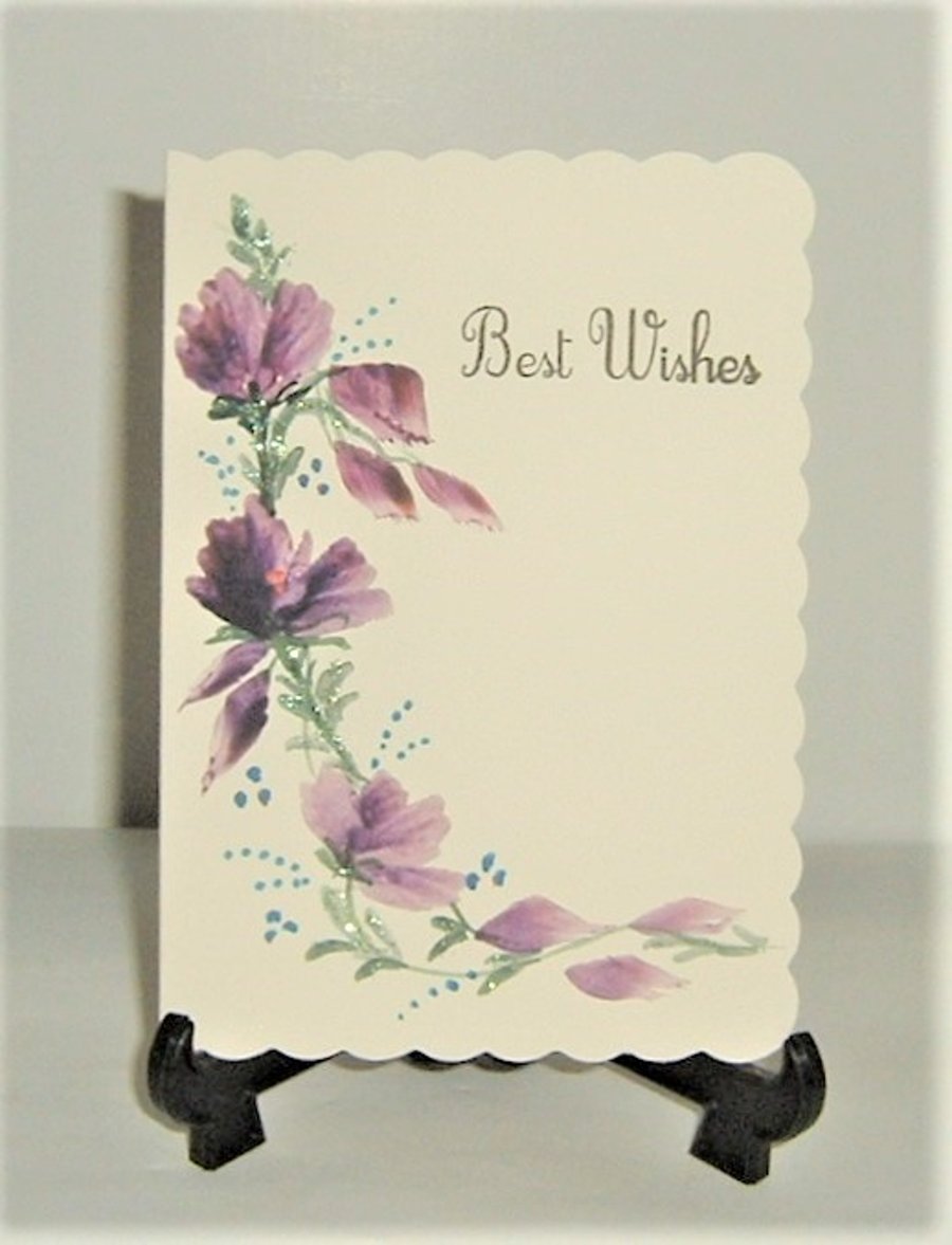 original hand painted purple flowers greetings card ( ref f 473)