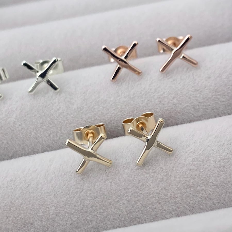 Image of Handmade 9ct yellow, white or rose gold cross kiss stud earrings