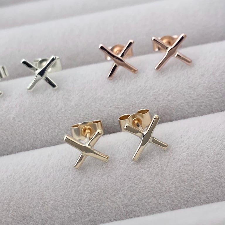 Handmade 9ct yellow, white or rose gold cross kiss stud earrings