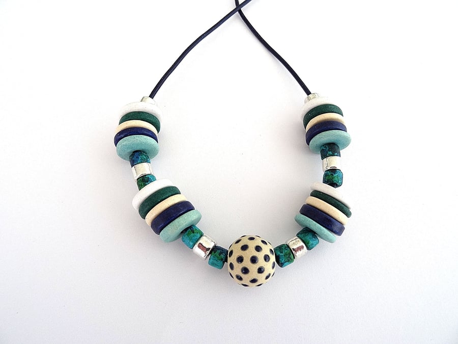 Ceramic Necklace, Ladies Necklace, Blue Necklace, White and Green Necklace