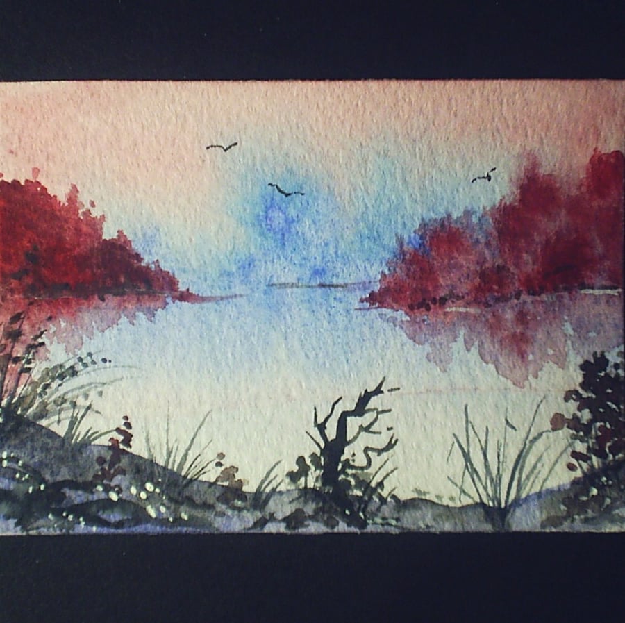 aceo SFA original miniature watercolour painting landscape early morning mist