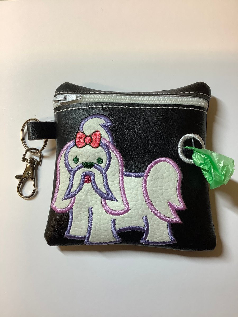 Adorable  ShihTzu Embroidered  Black faux leather dog poo bag ,dog walking,