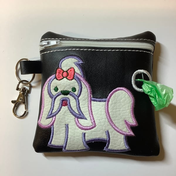 Adorable  ShihTzu Embroidered  Black faux leather dog poo bag ,dog walking,